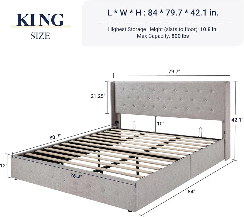 Allewie Queen Size Lift up Storage Bed, Modern Wingback Headboard, Hydraulic Support, Light Beige