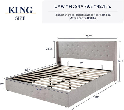Allewie Queen Size Lift up Storage Bed, Modern Wingback Headboard, Hydraulic Support, Light Beige