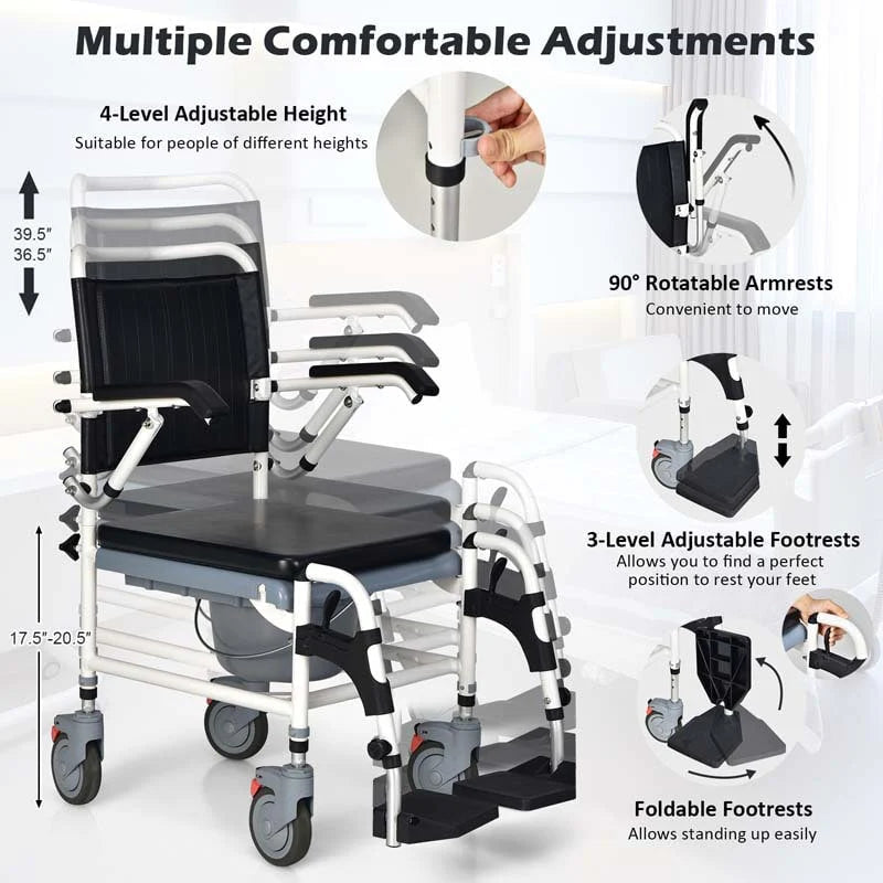 4 in 1 Bedside Commode Chair Shower Wheelchair with Detachable Bucket Padded Mobile Toilet Chair, Comfortable and Ergonomic Design