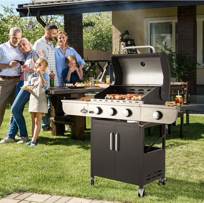 Upgraded 4 Burner BBQ Propane Gas Grill with Cast Iron Grates and Side Stove, 44, 000 BTU Stainless Steel Burner Barbecue Grill for Patio, Camping