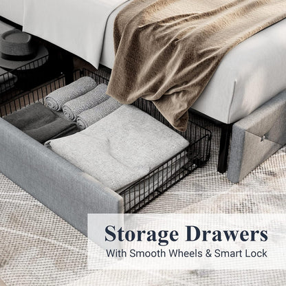 Allewie Upholstered Queen Size Platform Bed Frame with 4 Storage Drawers and Headboard, Square Stitched Button Tufted