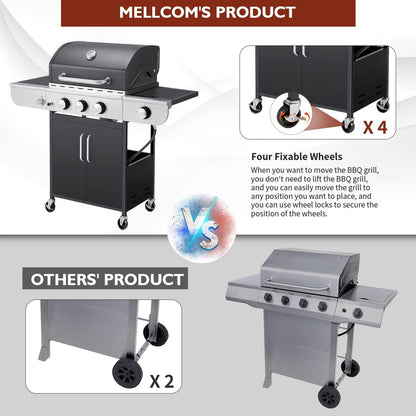 Upgraded 4 Burner BBQ Propane Gas Grill with Cast Iron Grates and Side Stove, 44, 000 BTU Stainless Steel Burner Barbecue Grill for Patio, Camping