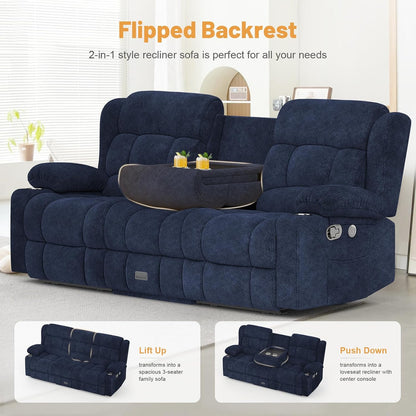 3 Seat Reclining Sofa with Storage Drawer USB Ports and Cup Holders Manual Couch