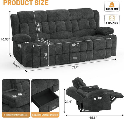 3 Seat Reclining Sofa with Storage Drawer USB Ports and Cup Holders Manual Couch