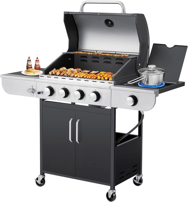 Upgraded 4 Burner BBQ Propane Gas Grill with Cast Iron Grates and Side Stove, 44, 000 BTU Stainless Steel Burner Barbecue Grill for Patio, Camping