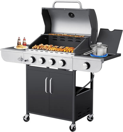 Upgraded 4 Burner BBQ Propane Gas Grill with Cast Iron Grates and Side Stove, 44, 000 BTU Stainless Steel Burner Barbecue Grill for Patio, Camping