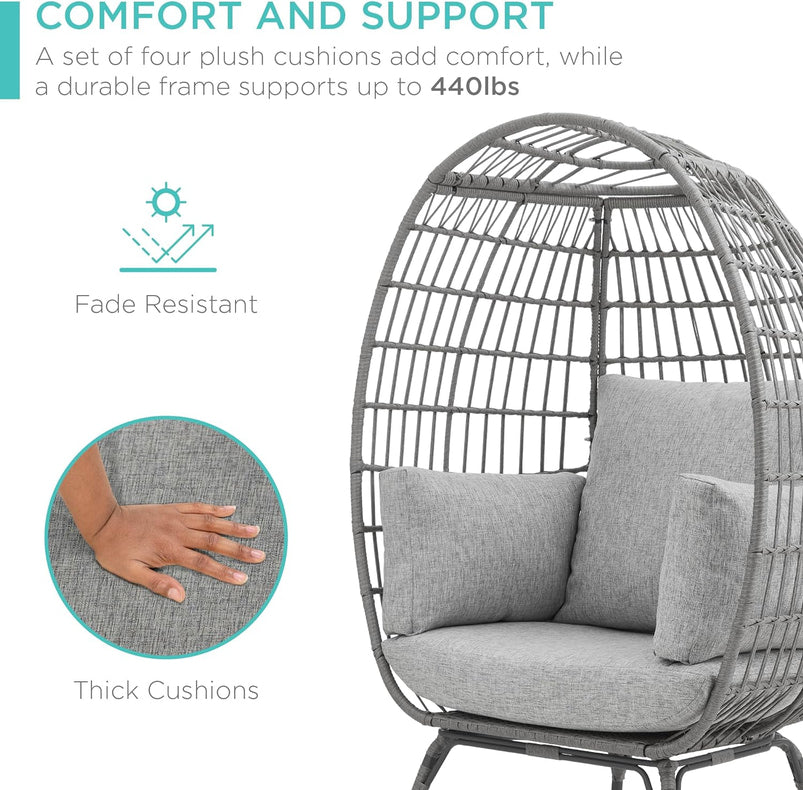 Best Choice Products Wicker Egg Chair, Oversized Indoor Outdoor Lounger for Patio, Backyard, Living Room W/ 4 Cushions, Steel Frame, 440lb Capacity