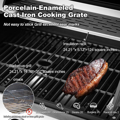 Upgraded 4 Burner BBQ Propane Gas Grill with Cast Iron Grates and Side Stove, 44, 000 BTU Stainless Steel Burner Barbecue Grill for Patio, Camping