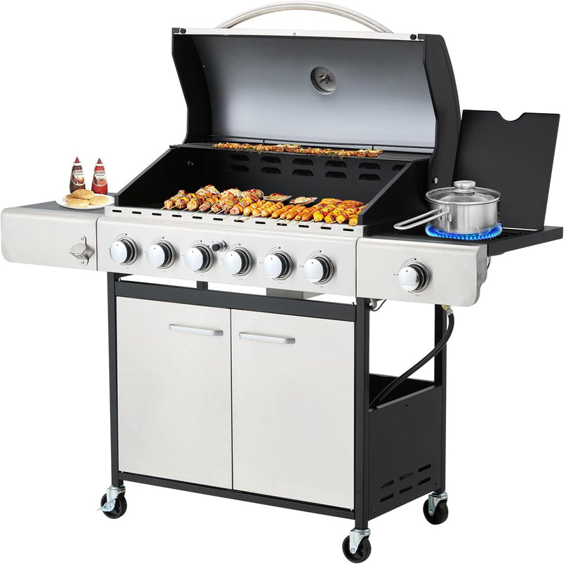 Upgraded 4 Burner BBQ Propane Gas Grill with Cast Iron Grates and Side Stove, 44, 000 BTU Stainless Steel Burner Barbecue Grill for Patio, Camping