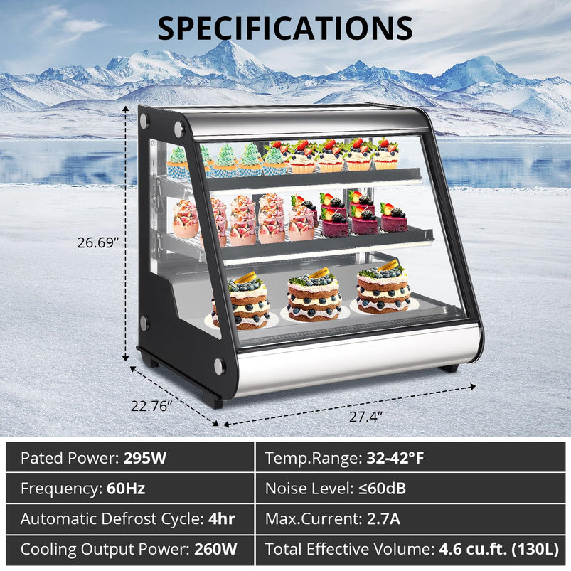 Commercial Refrigerator Display Case 130L 4.6 Cu. Ft., Auto Defrost, Tempered Glass Plus LED Lighting, Countertop Commercial Use, 2025