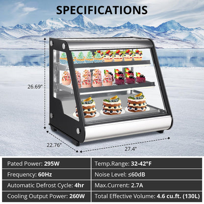 Commercial Refrigerator Display Case 130L 4.6 Cu. Ft., Auto Defrost, Tempered Glass Plus LED Lighting, Countertop Commercial Use, 2025