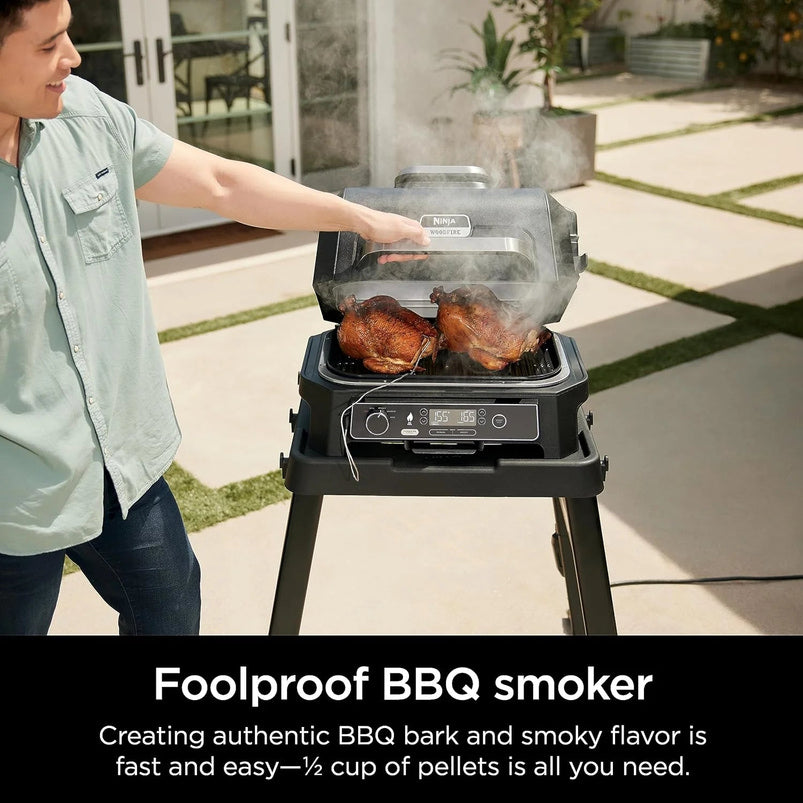 7-in-1 Grill and Smoker with Thermometer, Air Fryer, BBQ, Bake, Roast, Broil, Portable Electric Outdoor Grill, Grey