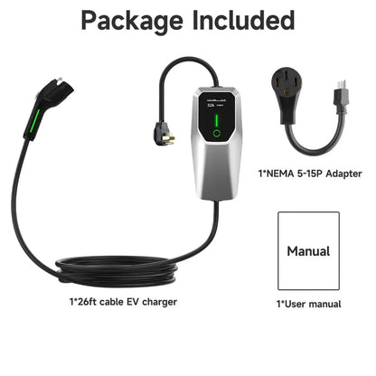 32 Amp Level 1 and 2 Portable EV Charger, 26FT Cable NEMA 14-50 Plug for Electric Car Home Charging Station 7.68KW