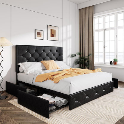 Allewie Upholstered Queen Size Platform Bed Frame with 4 Storage Drawers and Headboard, Square Stitched Button Tufted