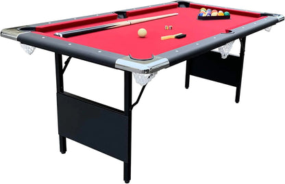 6 Ft Portable Pool Table, Adults Folding Billiards Tables for Game Room with Easy Foldable Storage, Includes Full Set of Billiard Balls, Cues