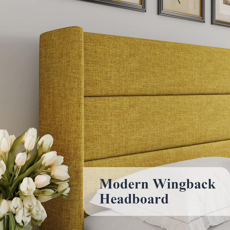 Allewie Queen Size Lift up Storage Bed, Modern Wingback Headboard, Hydraulic Support, Light Beige