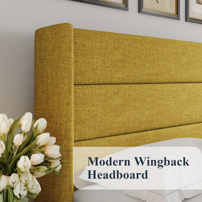 Allewie Queen Size Lift up Storage Bed, Modern Wingback Headboard, Hydraulic Support, Light Beige