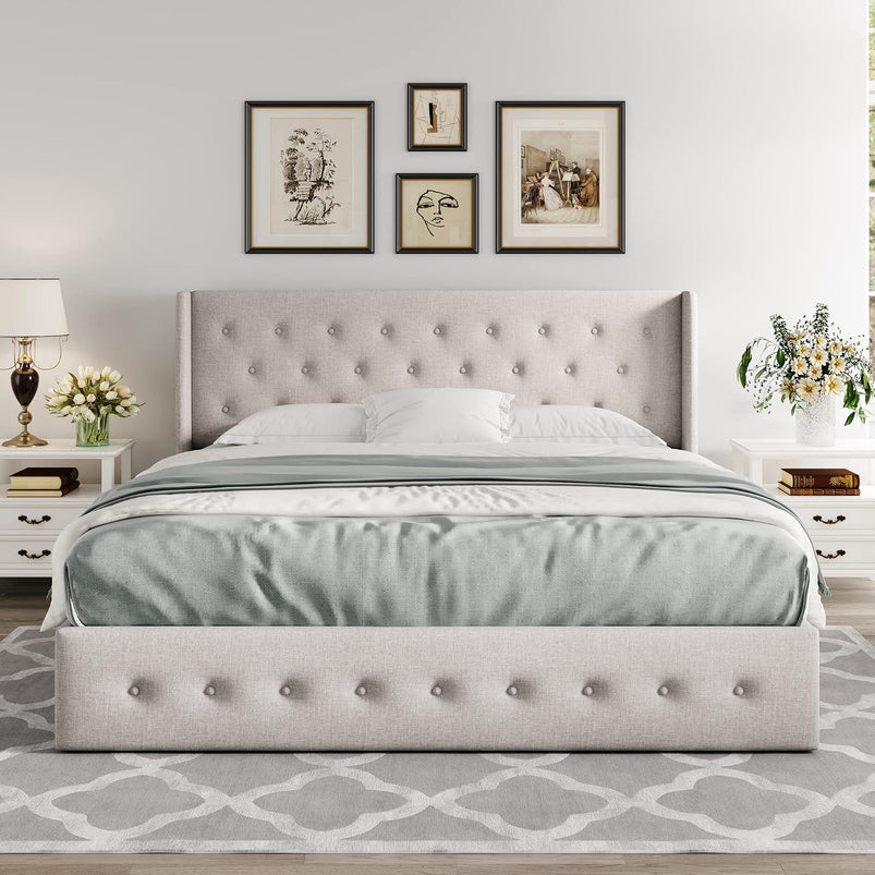 Allewie Queen Size Lift up Storage Bed, Modern Wingback Headboard, Hydraulic Support, Light Beige