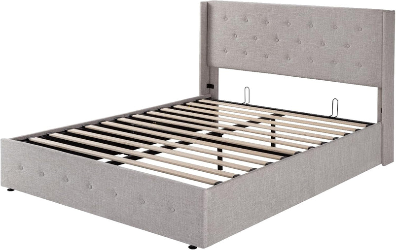 Allewie Queen Size Lift up Storage Bed, Modern Wingback Headboard, Hydraulic Support, Light Beige