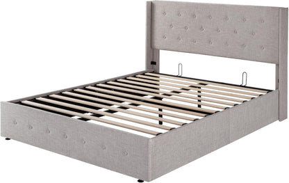 Allewie Queen Size Lift up Storage Bed, Modern Wingback Headboard, Hydraulic Support, Light Beige