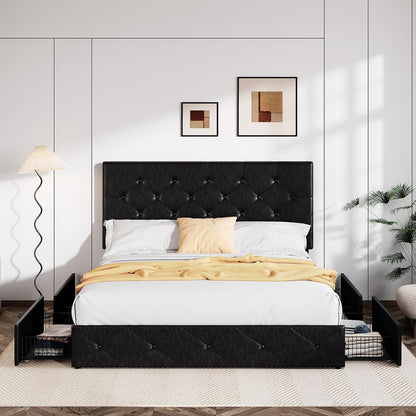 Allewie Upholstered Queen Size Platform Bed Frame with 4 Storage Drawers and Headboard, Square Stitched Button Tufted