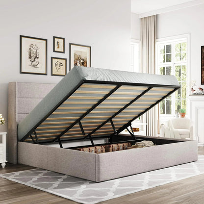 Allewie Queen Size Lift up Storage Bed, Modern Wingback Headboard, Hydraulic Support, Light Beige