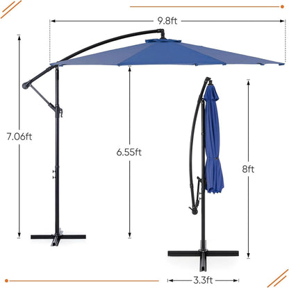 9.8FT Offset Patio Umbrella Hanging Cantilever Umbrella Outdoor Sun Shade with Easy Tilt Adjustment, 8 Ribs, UV Protection for Backyard, Lawn