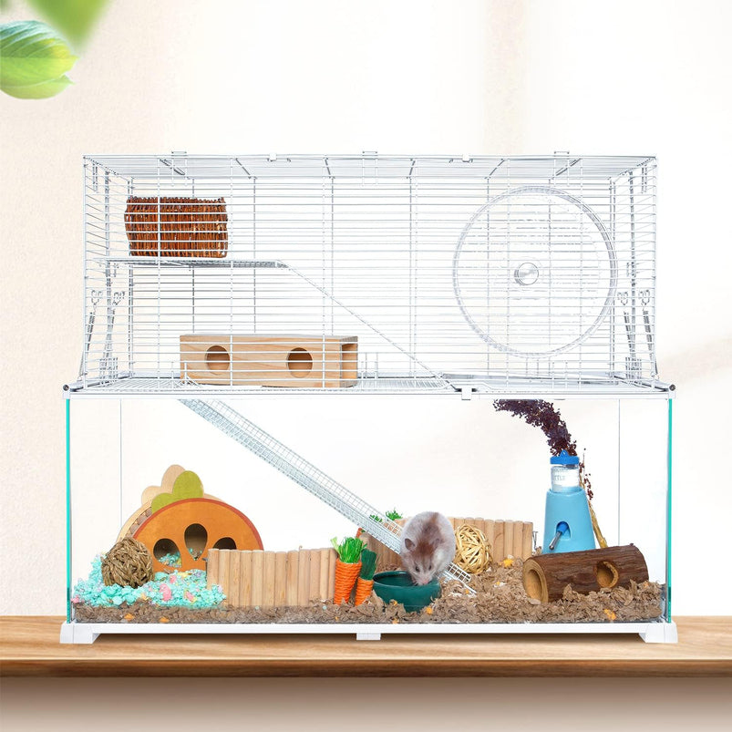 3 Tiers Large Hamster Cages, Glass Hamster Cage Habitat with Openable Wire Topper
