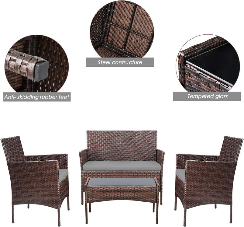 4 Pieces Patio Rattan Chair Wicker, Outdoor Indoor Use Backyard Porch Garden Poolside Balcony Furniture Sets Red