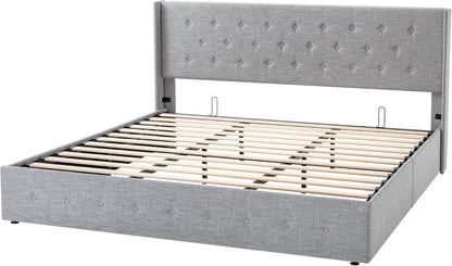 Allewie Queen Size Lift up Storage Bed, Modern Wingback Headboard, Hydraulic Support, Light Beige