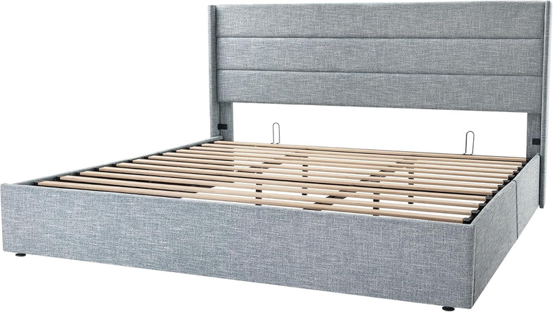 Allewie Queen Size Lift up Storage Bed, Modern Wingback Headboard, Hydraulic Support, Light Beige