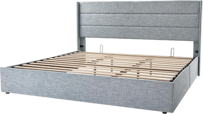Allewie Queen Size Lift up Storage Bed, Modern Wingback Headboard, Hydraulic Support, Light Beige