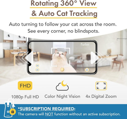 360 Degree Cat Camera, See Your Cat from Anywhere, Rotating 360 Degree Cat Tracking, Treat Toss, Color HD Night Vision, 2-Way Audio