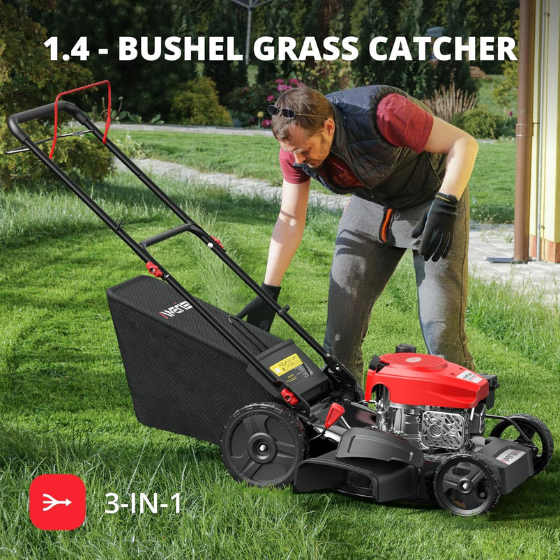 21" Steel Deck Gas Lawn Mower, Heavy-Duty 3-in-1 Push Mower, 144cc 4-Stroke Engine, 6-Position Height Adjustment, Large 1.4 Bushel Grass Catcher