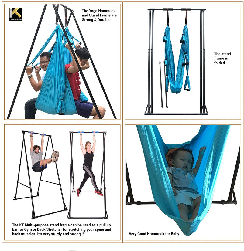 Air Yoga Equipment Set Includes, Blue Aerial Yoga Hammock and the Height-Adjustable Foldable Sturdy Durable Kt Yoga Swing Stand Frame