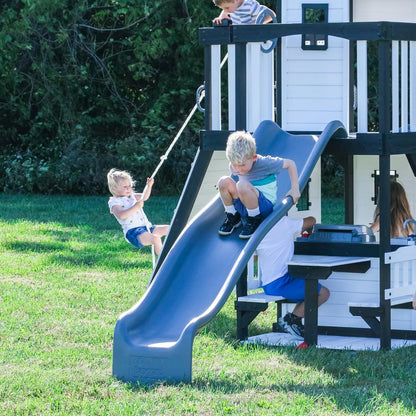 Backyard Discovery Canyon Creek Cedar Wood Swing Set with Wave Slide, Clubhouse, Play Kitchen, Picnic Area, Belt Swings, Web Swing, Rock Wall