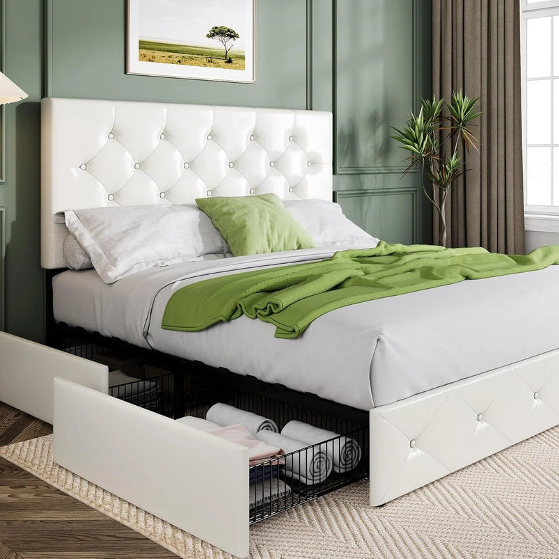 Allewie Upholstered Queen Size Platform Bed Frame with 4 Storage Drawers and Headboard, Square Stitched Button Tufted