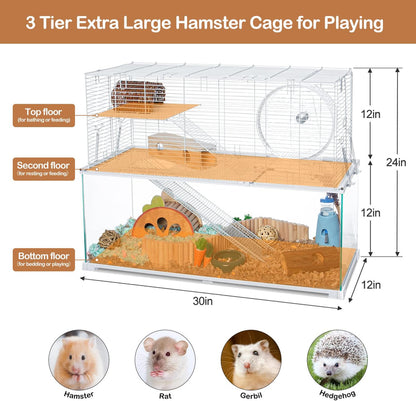 3 Tiers Large Hamster Cages, Glass Hamster Cage Habitat with Openable Wire Topper
