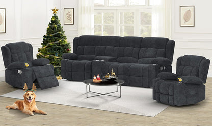3 Seat Reclining Sofa with Storage Drawer USB Ports and Cup Holders Manual Couch