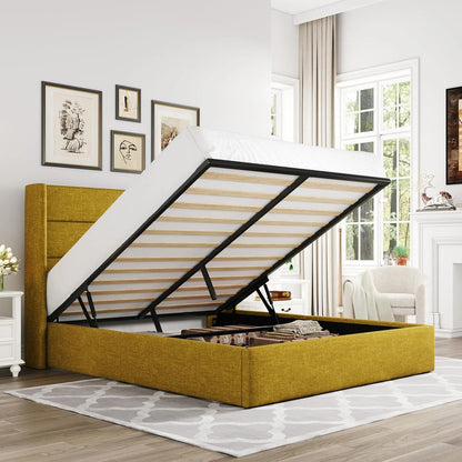 Allewie Queen Size Lift up Storage Bed, Modern Wingback Headboard, Hydraulic Support, Light Beige