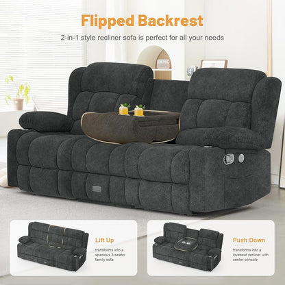 3 Seat Reclining Sofa with Storage Drawer USB Ports and Cup Holders Manual Couch