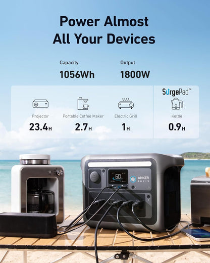 Solix C1000 Portable Power Station with 200W Solar Panel, 1800W Solar Generator, 1056Wh LFP LiFePO4 Battery, 6 AC Outlets, up to 2400W for Home