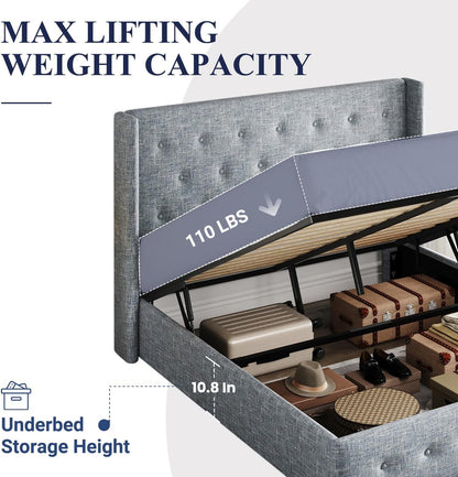 Allewie Queen Size Lift up Storage Bed, Modern Wingback Headboard, Hydraulic Support, Light Beige