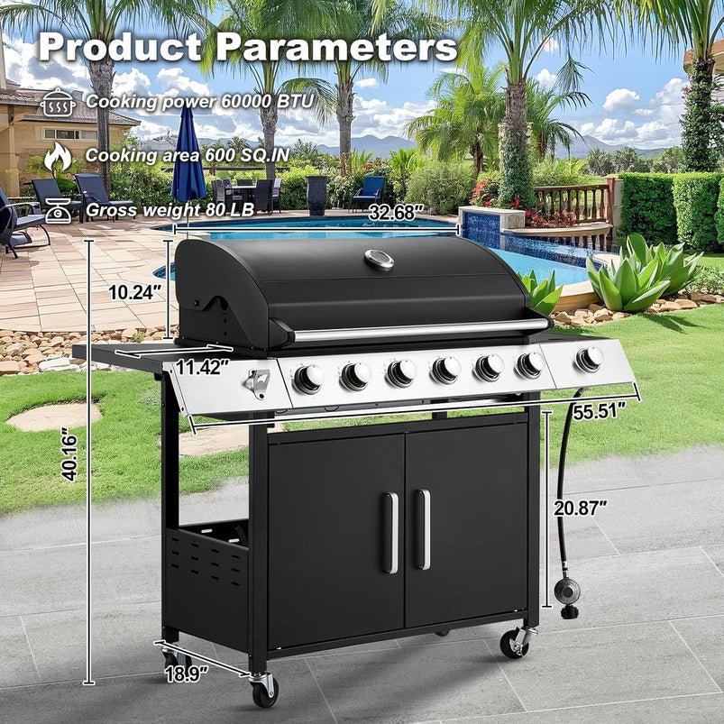Upgraded 4 Burner BBQ Propane Gas Grill with Cast Iron Grates and Side Stove, 44, 000 BTU Stainless Steel Burner Barbecue Grill for Patio, Camping