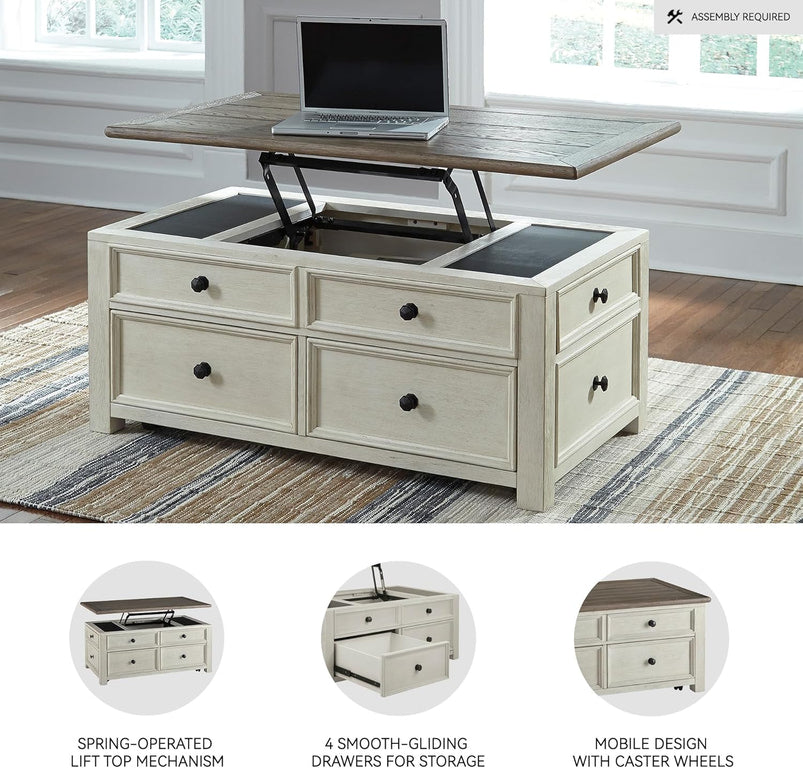 Ashley Bolanburg Lift Top Coffee Table with Drawers, Antique Cream and Brown