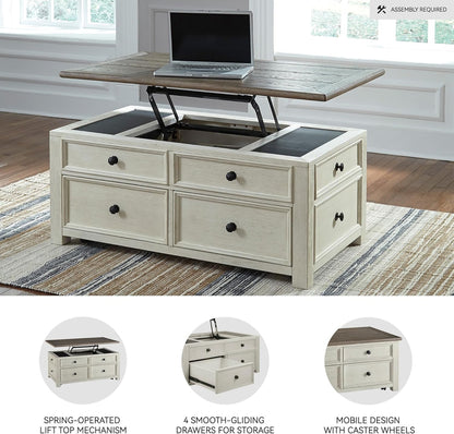 Ashley Bolanburg Lift Top Coffee Table with Drawers, Antique Cream and Brown