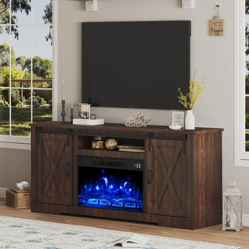 Amerlife Fireplace TV Stand with Sliding Barn Door for Tvs up to 73"