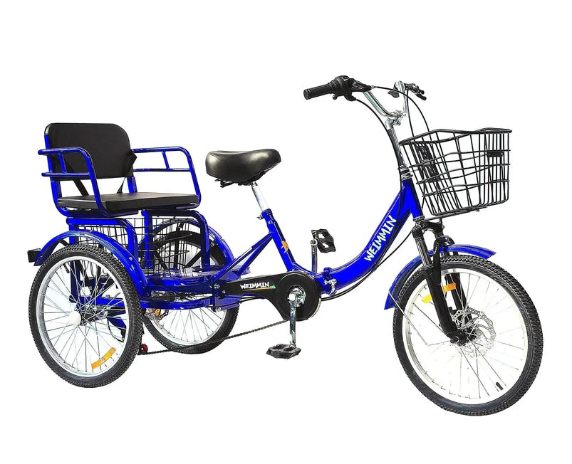 Tricycle 7 Speed, 20 Inch 3 Wheel Bikes Folding Tricycle for Adults Star Strip Blue
