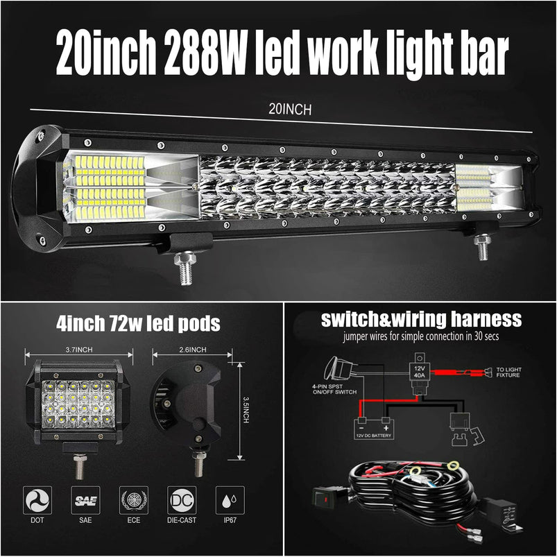 20in Triple Row LED Light Bar, 288W Waterproof Spot Flood Combo Automotive Work Light Bars Plus 4pcs 72W LED Pods with Wiring Harness, for Off Road