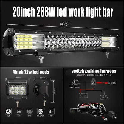 20in Triple Row LED Light Bar, 288W Waterproof Spot Flood Combo Automotive Work Light Bars Plus 4pcs 72W LED Pods with Wiring Harness, for Off Road